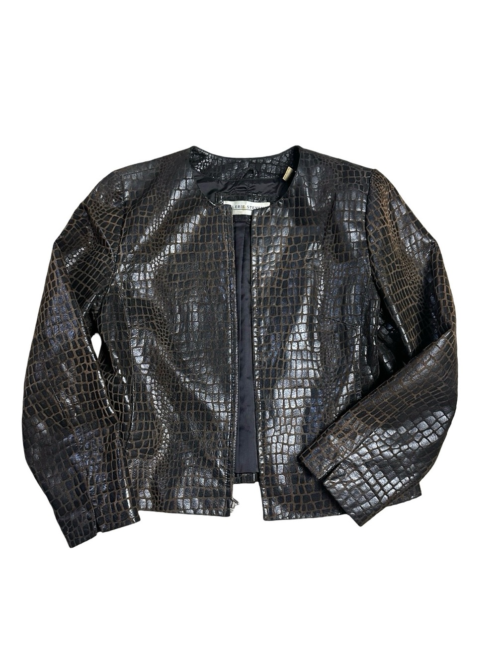 90’s Vintage Valerie Stevens Black Brown Croc Embossed Genuine Leather Jacket